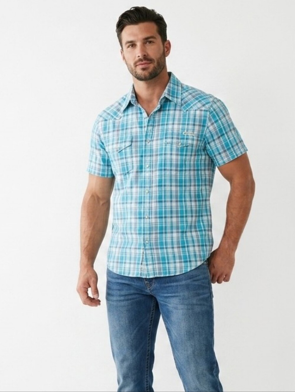 Lucky Brand Men's Plaid Short Sleeve Button Up Shirt Blue